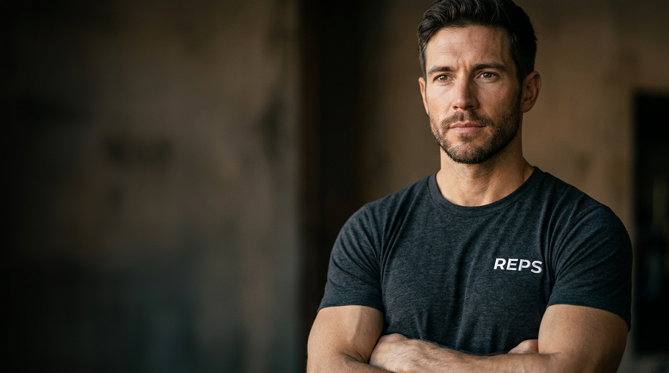 Editorial portrait of a REPS-registered strength coach in a charcoal heather tee with an embroidered white REPS wordmark on the left chest, arms loosely crossed, looking just past camera, soft window-key light from the left, warm out-of-focus interior behind him.
